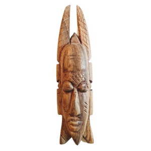 Vintage African Small Wooden Bust Mask Wall Decor Intricate Carved Statue Carving Sculpture Wood Tribal Art c1980-90&#39;s / EVE
