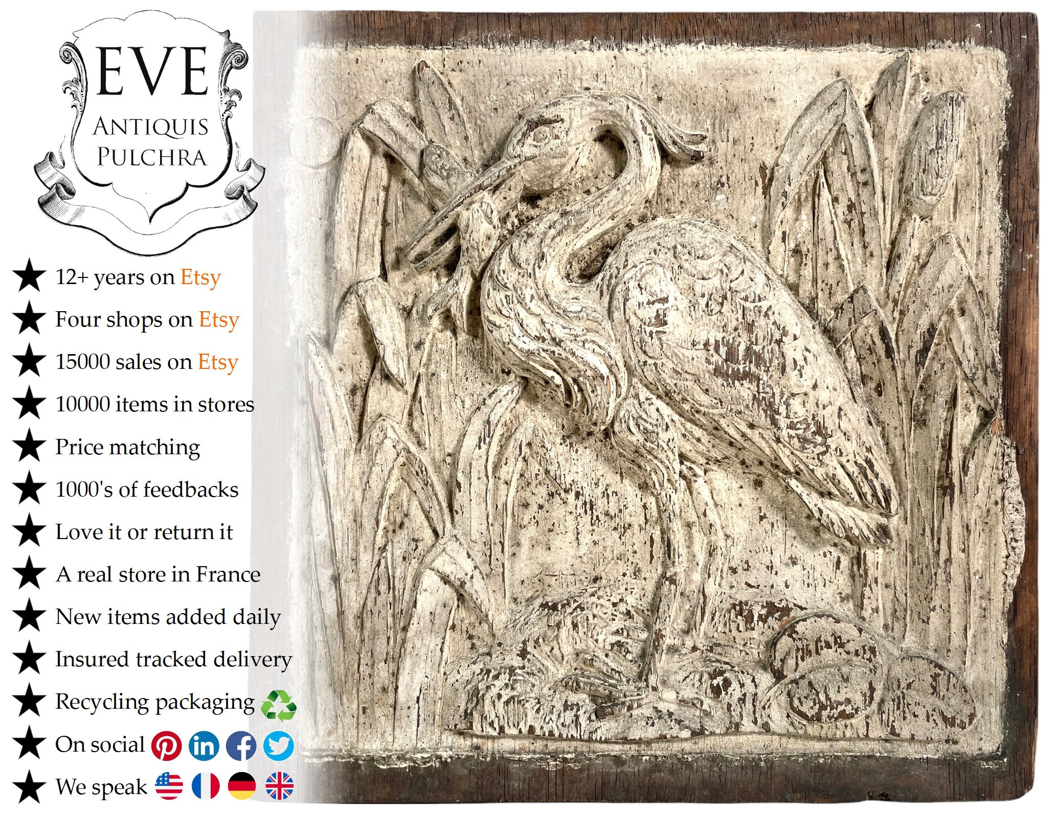 Antique Français Bois Sculpté Héron Cigogne Décoratif Panneau à La Main Figurine Mur Accrochage Meub