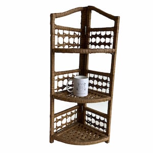 Étagère pliante vintage en raphia, étagères murales d'angle, socle pour pot de fleurs, véranda c1980-90 / EVE de France