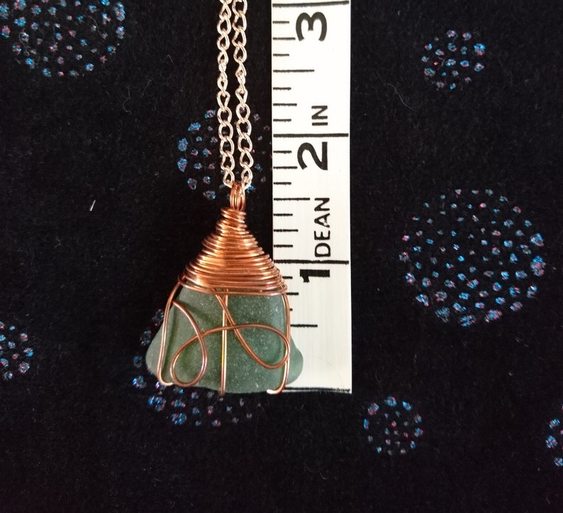 wrapped in copper wire with rose gold chain green colour Seaglass necklace