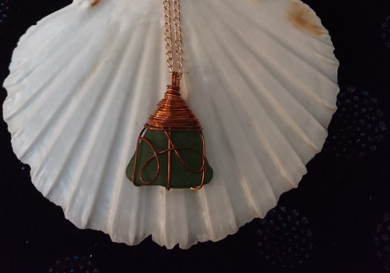 wrapped in copper wire with rose gold chain green colour Seaglass necklace