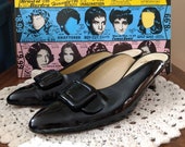 Vintage 80s Black Patent Mules, Slip On Kitten Heels -Size 7-