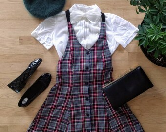 grey and purple tartan school pinafore
