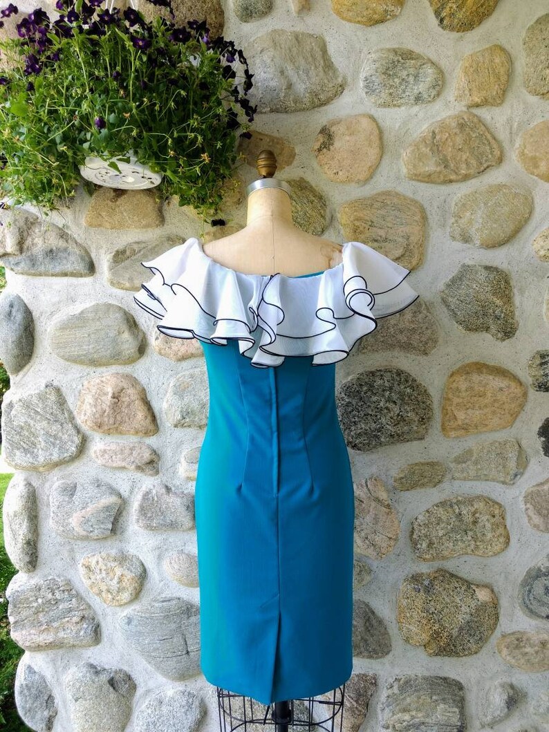Vintage 80s Vavavoom Teal Dress With Fluffy White Ruffles Size M- Fun Cocktail Off-Shoulder Wiggle Dress