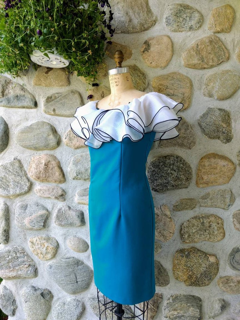 Vintage 80s Vavavoom Teal Dress With Fluffy White Ruffles Size M- Fun Cocktail Off-Shoulder Wiggle Dress