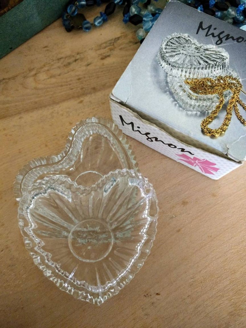Vintage 80s goes Antique Heart Shaped Glass Jewelry Box Small Size Jewelry or Ring Storage Box Boudoir Vanity Accessory.