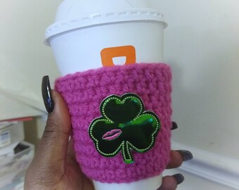 Kiss Me Crochet Cup Cozy- crochet cup cozy - gifts - gifts for her - st patrick's gifts - coffee mug sleeve - coffee sleeve - mug cozy