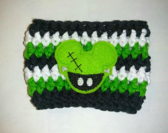 Mr. Frankenmouse Crochet Cup Cozy (green, black, white, halloween, sleeve,  cup sleeve,  cup cozy, coffee cup cozy)