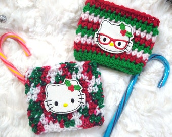 Holiday Kitty Crochet Cup Cozy, cup cozy, Christmas gift, gifts for her, coffee mug sleeve, coffee sleeve, mug cozy