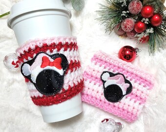 Miss Santa Mouse Crochet Cup Cozy, cup cozy, Christmas gift, gifts for her, Disney gift, coffee mug sleeve, coffee sleeve, mug cozy