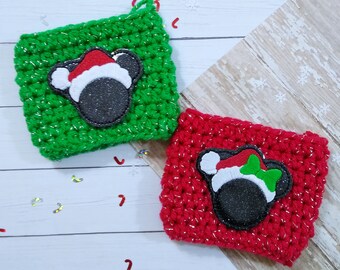 Mr. and Mrs. Santa Hat Mouse Crochet Cup Cozy, cup cozy, Christmas gift, gifts for her, coffee mug sleeve, coffee sleeve, mug cozy