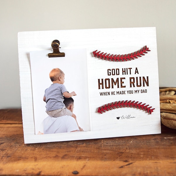 Personalized Father's Day Picture Frame, Dad Baseball Gift from Kids, Grandpa/Step-Dad/Papa/Daddy Present, God Hit a Home Run Photo Frame