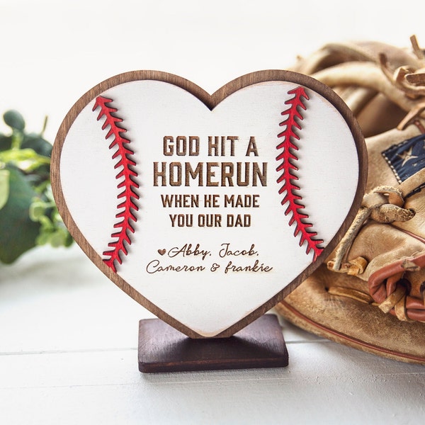 Father’s Day Mother's Day Baseball Softball Sign / Personalized Gifts for Dad Mom from Kids / Fathers + Grandpa Present / God Hit a Home run