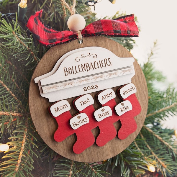 Personalized Family Member and Pet Christmas Ornament 2023 / Names on Stockings / Custom Xmas Gift for Mom Grandma / New Baby Announcement