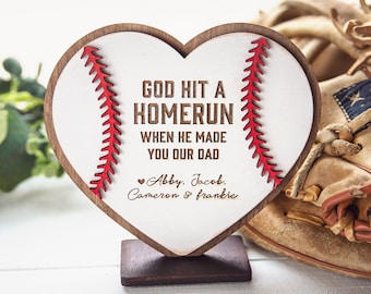 Father’s Day Mother's Day Baseball Softball Sign / Personalized Gifts for Dad Mom from Kids / Fathers + Grandpa Present / God Hit a Home run