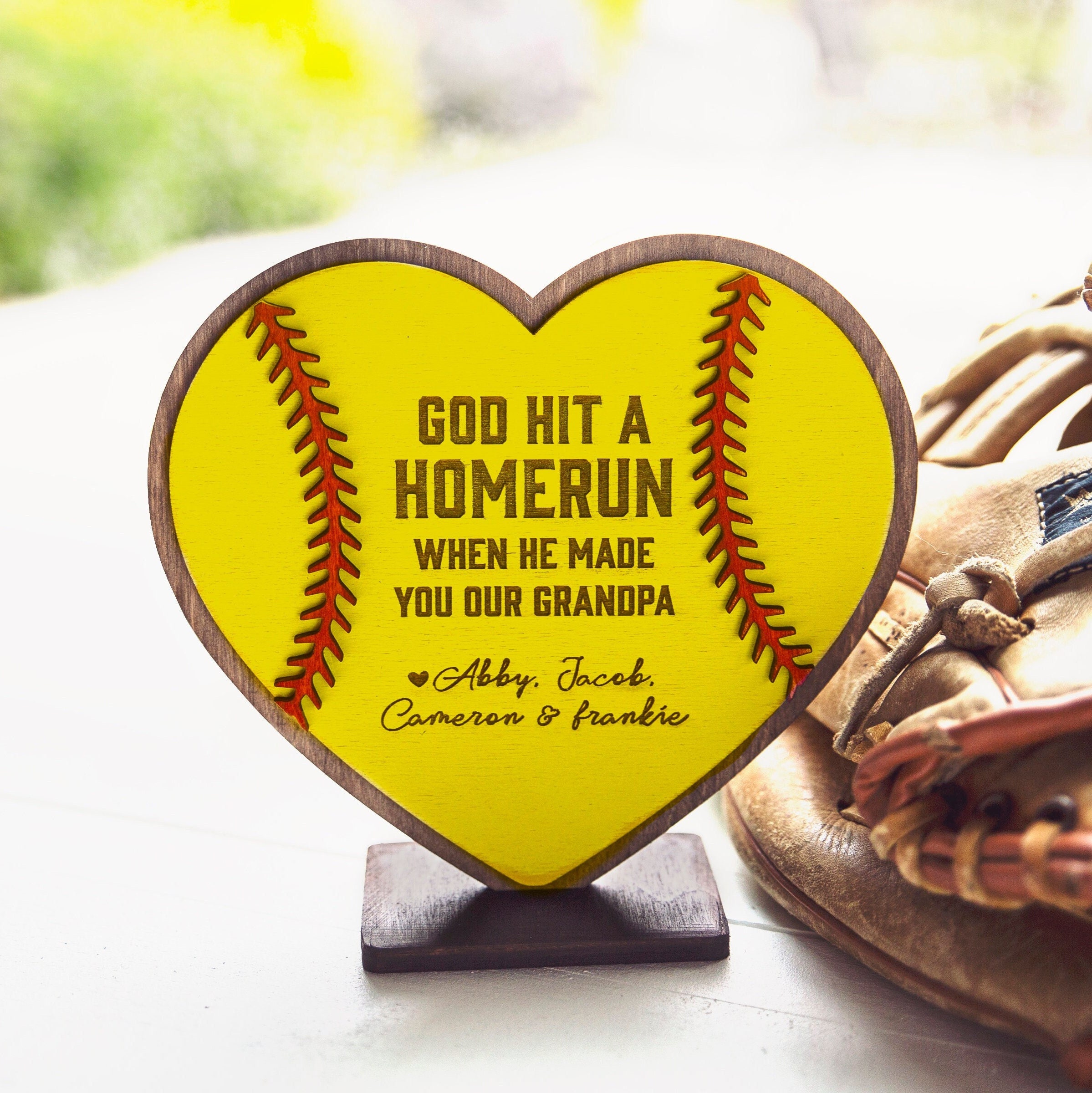 Mother's Day Father’s Day Baseball Softball Sign / Personalized Gifts for Dad Mom from Kids / Fathers + Grandpa Present / God Hit a Home run
