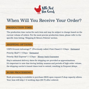 May include: A graphic with a red rooster illustration and the text "Little Red Hen Goods" above the text "When Will You Receive Your Order?"  The text below explains production time, shipping options, and rush processing.
