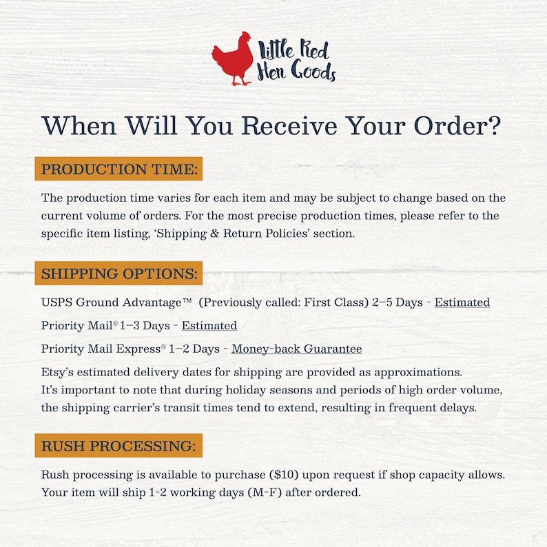 May include: A graphic with a red rooster illustration and the text "Little Red Hen Goods" above the text "When Will You Receive Your Order?"  The text below explains production time, shipping options, and rush processing.
