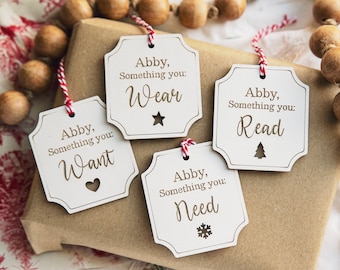 Want Wear Need Read Personalized Gift Tags / Reusable Custom Name for Christmas Present / Farmhouse Wrapping Paper Accessory / Set of 4 or 6