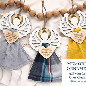 This is a personalized Angel Ornament crafted from a loved one's clothing, creating a cherished memory and keepsake for the Christmas tree. It's a touching remembrance item, especially for those who have experienced a loss.