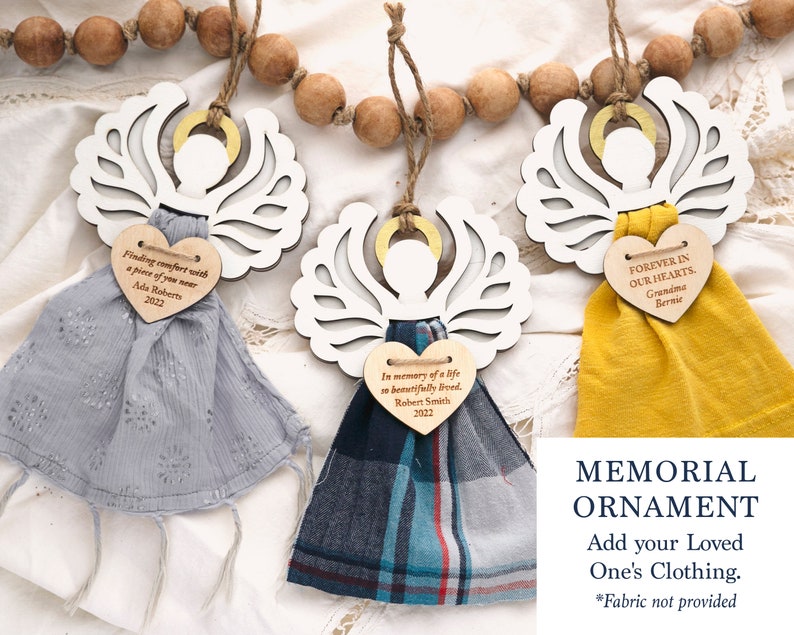 This is a personalized Angel Ornament crafted from a loved one's clothing, creating a cherished memory and keepsake for the Christmas tree. It's a touching remembrance item, especially for those who have experienced a loss.