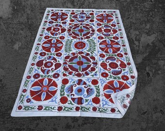 Handmade Suzani Fabric: Floral Bedspread, Bohemian Wall Hanging