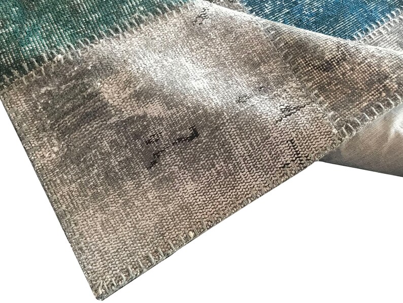 Patchwork Frayed Rug Gray and Blue Turkish Rug: Handmade Patchwork Wool Carpet (4.9 X 3.4 FT ...