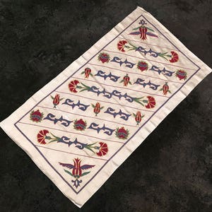 TULIP Design Suzani Runner, Pure Silk, Handmade Suzani Tablecloth, Perfect Patterns and Condition, Suitable for Wall Hanging or Table cover