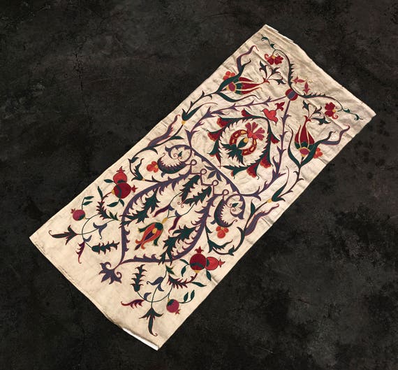 Handmade Silk Suzani Table Runner: Floral Wall Hanging (3.3 x 1.5 FT)