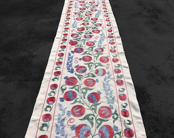 Handmade Suzani Table Runner: Wheat & Pomegranate Embroidery, Colorful Crochet Decor