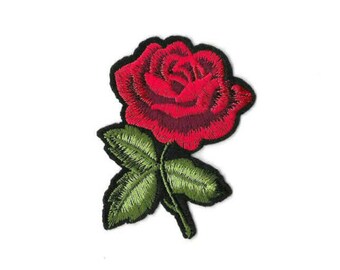 Embroidered Iron-On Applique Rose Green 3+12 x 5+14 inch select pink or Red