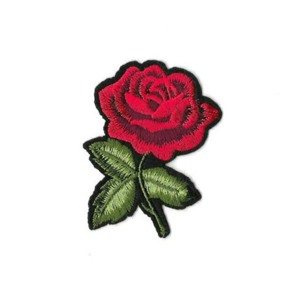 RED ROSE STEM Iron on / Sew on Patch Embroidered Badge Motif Flower PT504