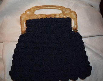 Vintage Navy Blue Crocheted Handbag