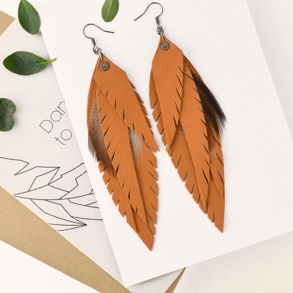 Foxy Brown Leather Feather Earrings Brown Leather Accessories Natural Leather Boho Jewelry Boho Dangle Drop Earrings Gift idea for mom