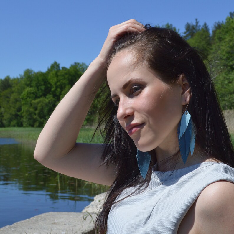 Gift Boho feathers Earrings Blue Leather Feather Earrings Long leather feathers earrings Boho Leather Jewelry Boho Festival earrings