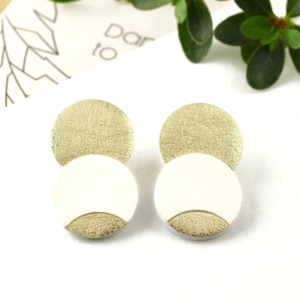 Boucles d’oreilles en cuir double cercle, boucles d’oreilles géométriques en or et blanc en cuir réel, goujons géométriques minimalistes de deux disques