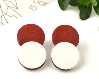 Red and white double circle stud earrings from real leather. Leather round stud earrings. Lightweight Everyday circle stud earrings