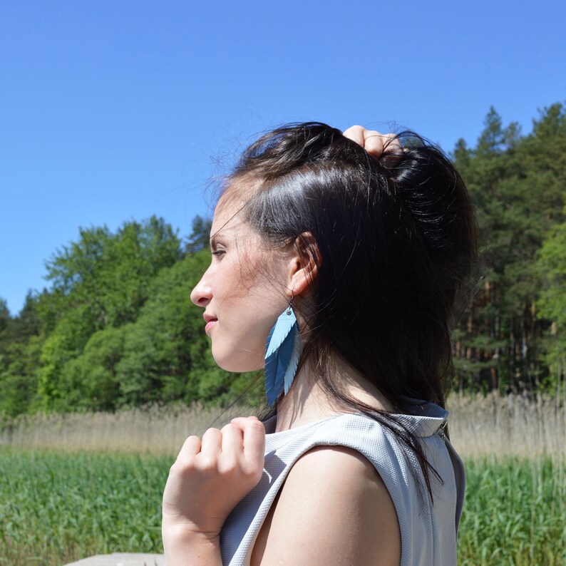 Gift Boho feathers Earrings Blue Leather Feather Earrings Long leather feathers earrings Boho Leather Jewelry Boho Festival earrings