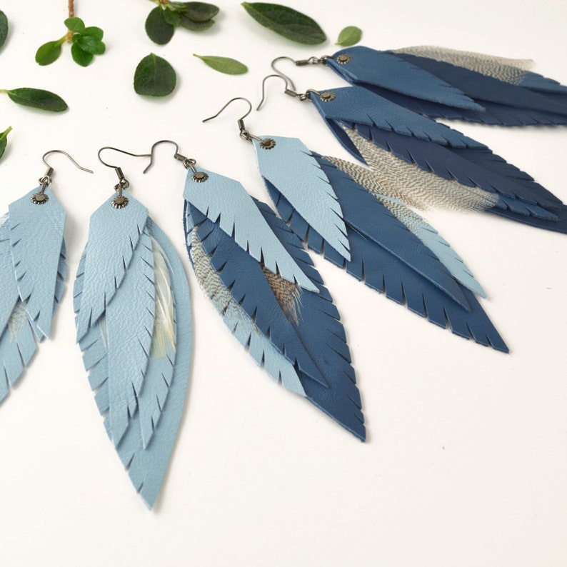 Gift Boho feathers Earrings Blue Leather Feather Earrings Long leather feathers earrings Boho Leather Jewelry Boho Festival earrings