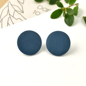 Blue circle stud earrings from real leather, leather round stud earrings, Lightweight Everyday circle stud earrings