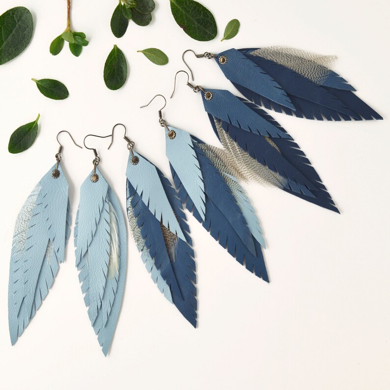 Gift Boho feathers Earrings Blue Leather Feather Earrings Long leather feathers earrings Boho Leather Jewelry Boho Festival earrings