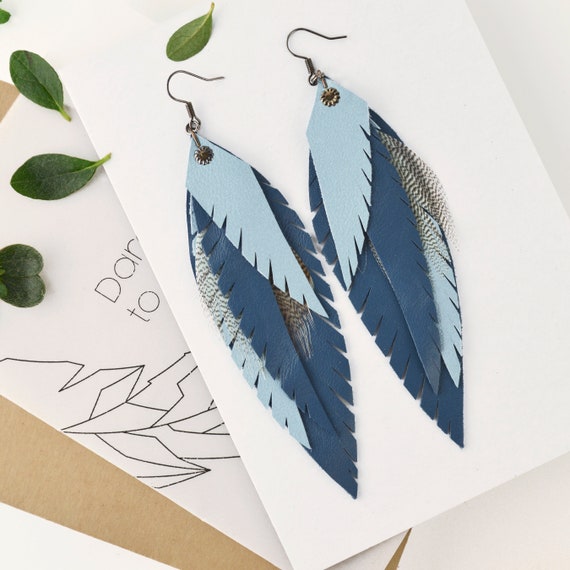Gift Boho feathers Earrings Blue Leather Feather Earrings Long leather feathers earrings Boho Leather Jewelry Boho Festival earrings