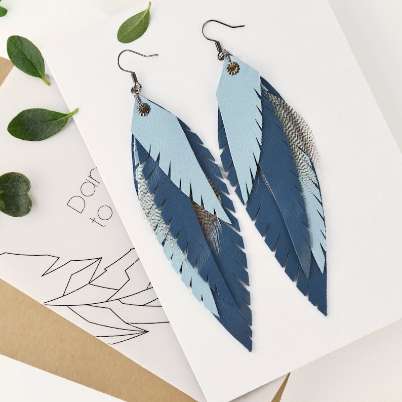 Gift Boho feathers Earrings Blue Leather Feather Earrings Long leather feathers earrings Boho Leather Jewelry Boho Festival earrings