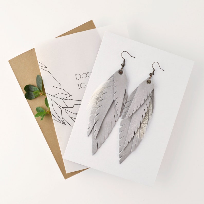 Gray Leather Feather Earrings Pastels Leather Accessories Etsy