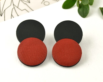Black and red double circle stud earrings from real leather. Leather round stud earrings. Lightweight Everyday circle stud earrings