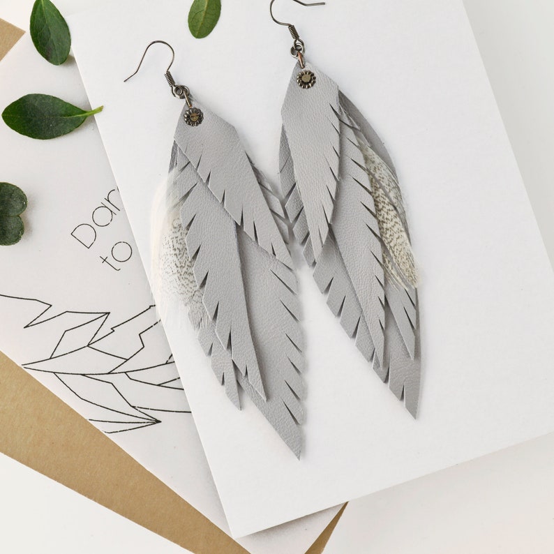 Gray Leather Feather Earrings Pastels Leather Accessories Etsy