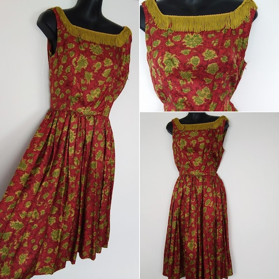 1950s red satin fringe dress