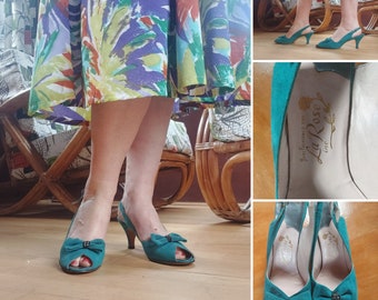 1950s Turquoise Bow suede slingback sandals