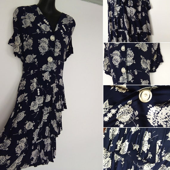 1940s Navy and white floral dress