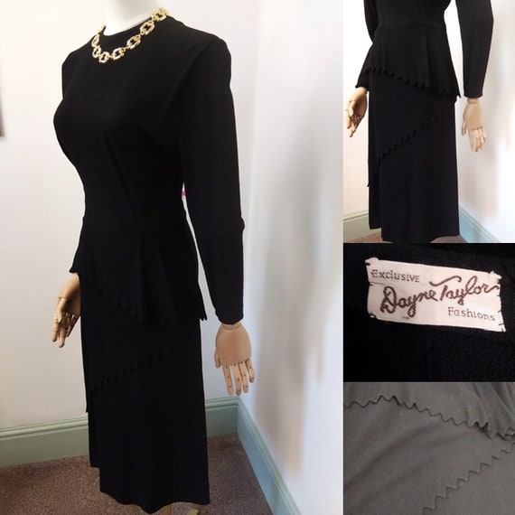 1940s Black crepe zig zag asymmetric dress - image 1